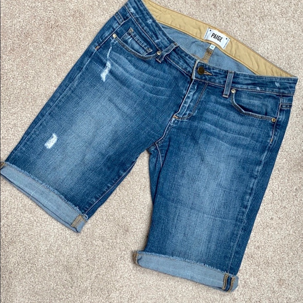 Paige Distress cut offs 34 waist 10”inseam 8” rise.  Vintage low rise fit